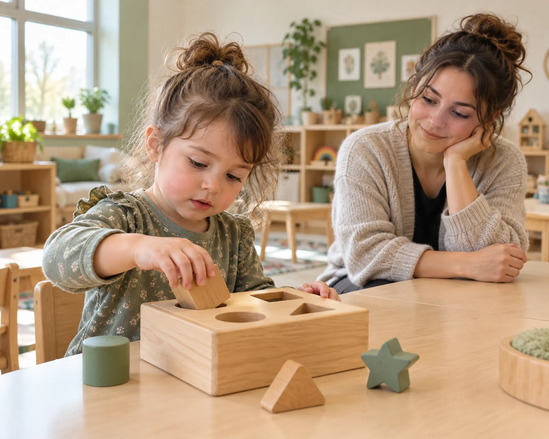 Une fillette fait un jeu d’encastrement en bois pendant qu’une adulte l’observe avec attention