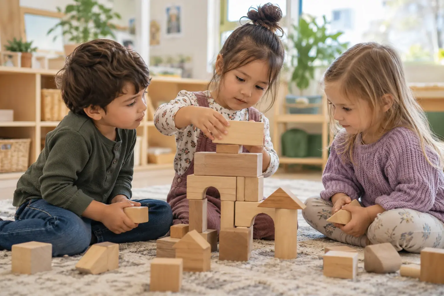 Trois enfants construisent une tour de blocs de bois sur un tapis