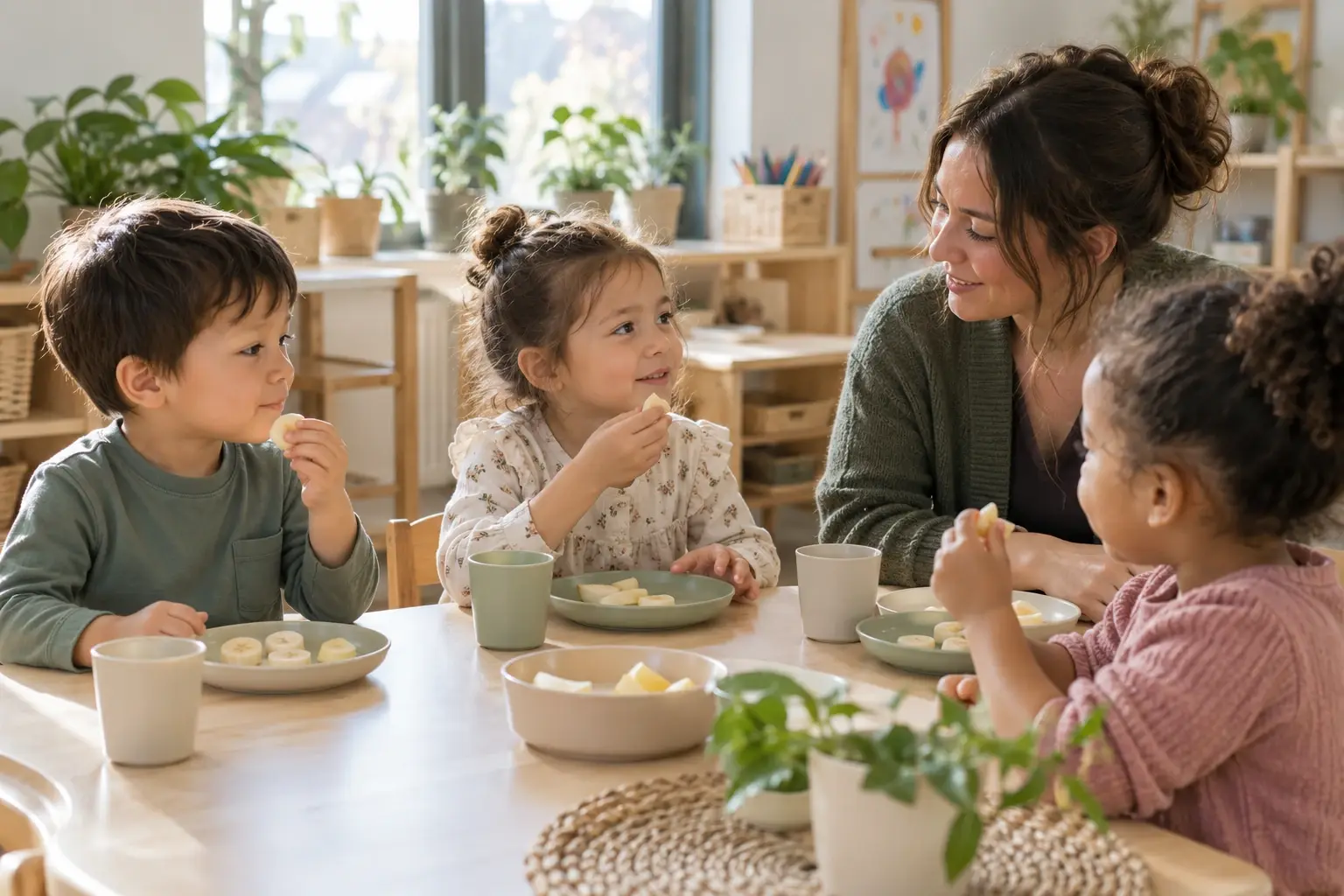 Des enfants prennent une collation de fruits à table avec une adulte