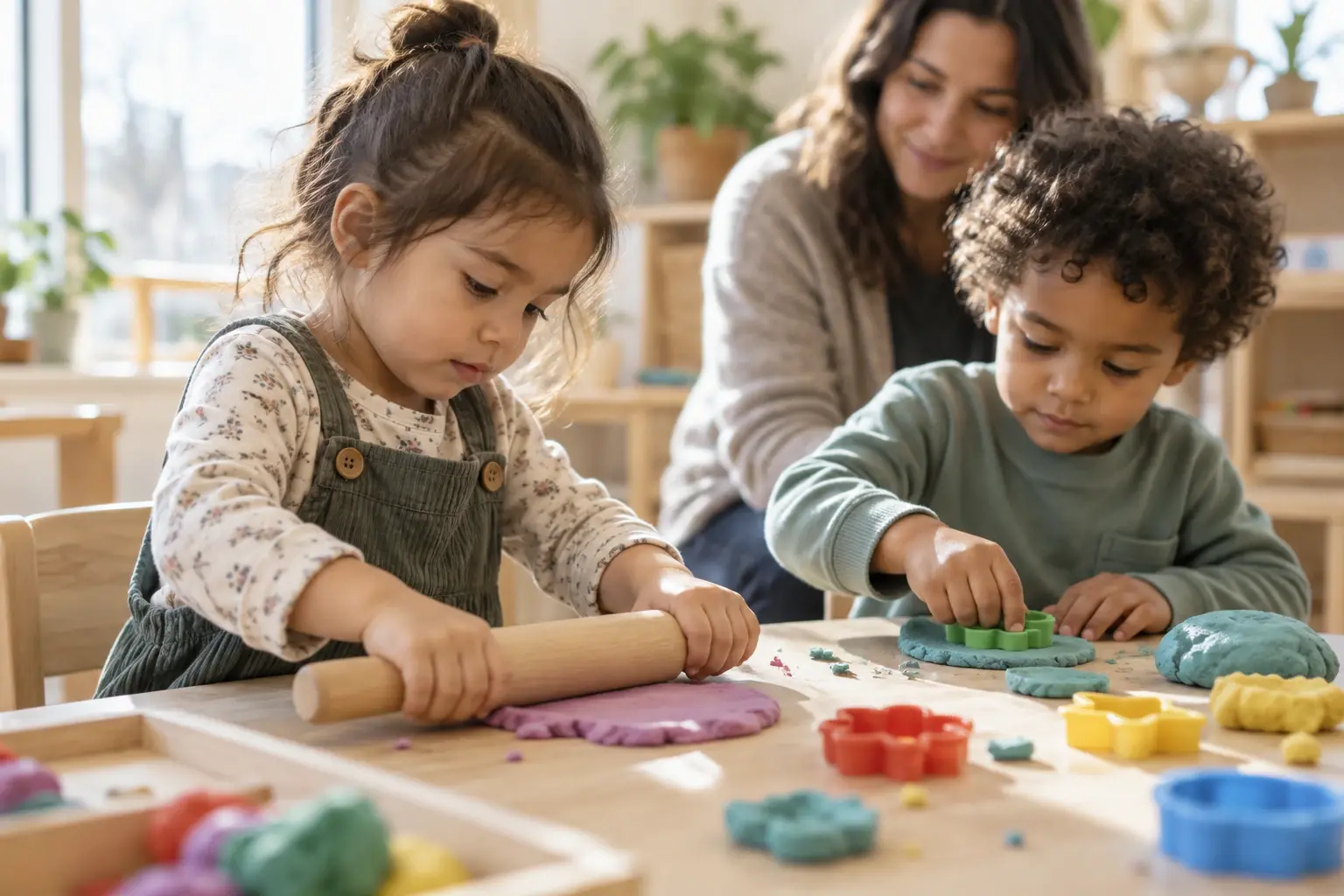 Deux enfants façonnent de la pâte à modeler avec un rouleau et des emporte-pièces