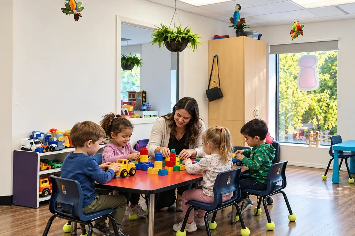 Une éducatrice construit avec des blocs colorés en compagnie de quatre enfants, autour d’une table rouge dans une salle lumineuse